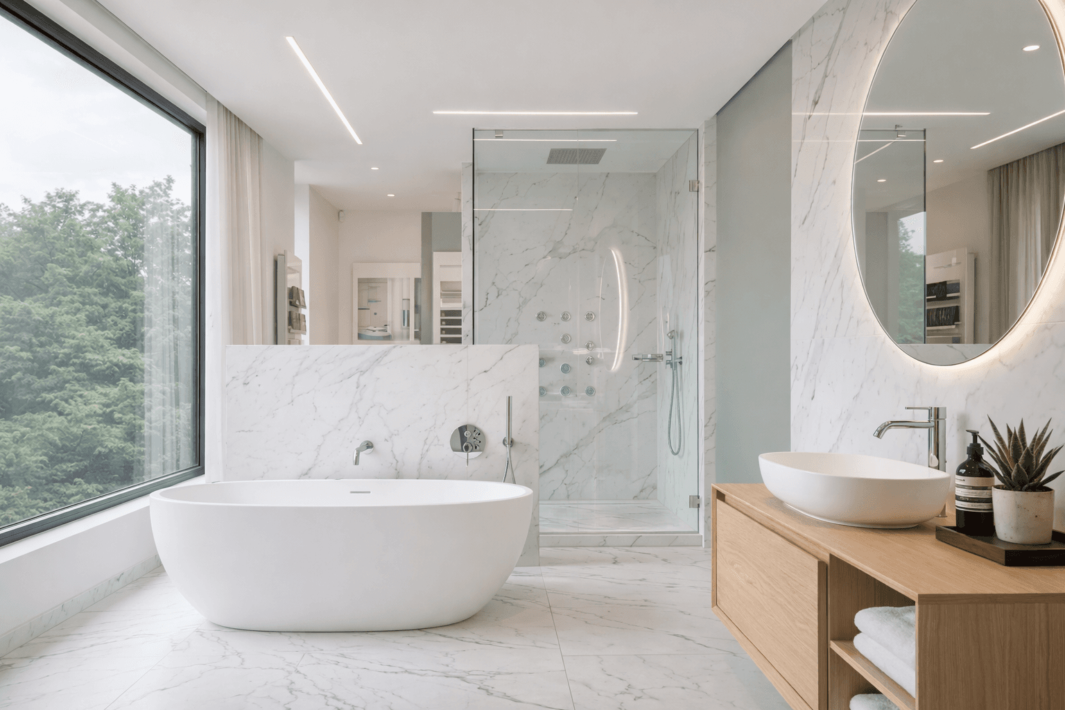 Luxury minimalist bathroom with freestanding white bathtub